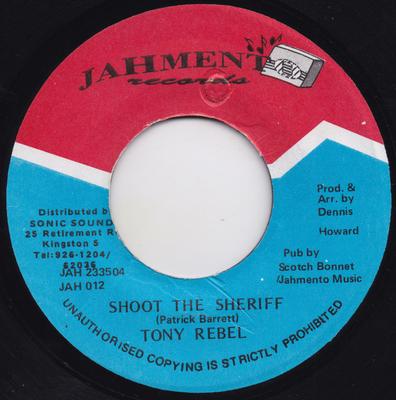 Пластинка 7 дюймов TONY REBEL - Shoot The Sheriff JAH012 Jahmento Record Ямайка Регги, Ска и Даб Б/у
