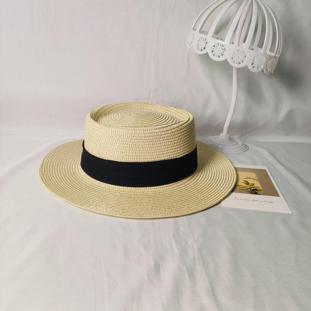 New French flat-top straw hat women's large brim seaside sun protection hat UV protection versatile atmosphere sun hat