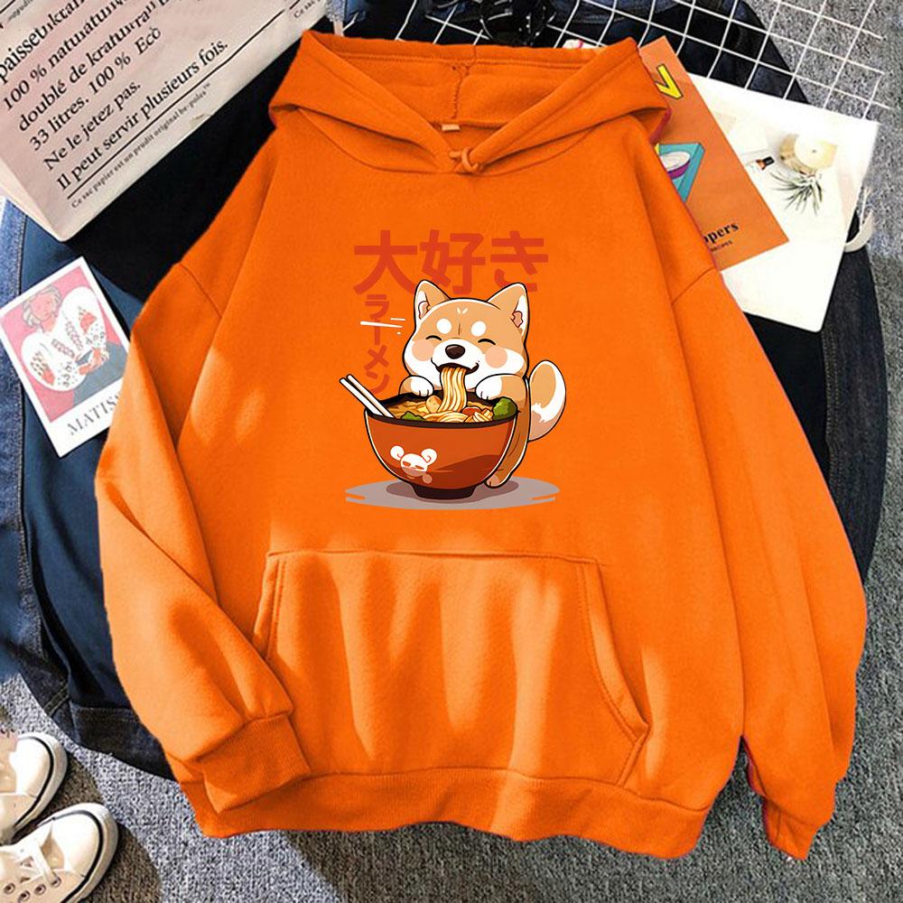 Толстовка с капюшоном Shiba Inu Slurping Ramen Noodles Cartoon Kawaii Cat Graphic Sweatshirt Cool Anime Pullover Women Men Clothing