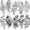10 Sheets Realistic Flower Temporary Tattoos For Women Arm Fake Jellyfish Tattoo Black 3D Peony Rose Snake Tatoos Long Lasting