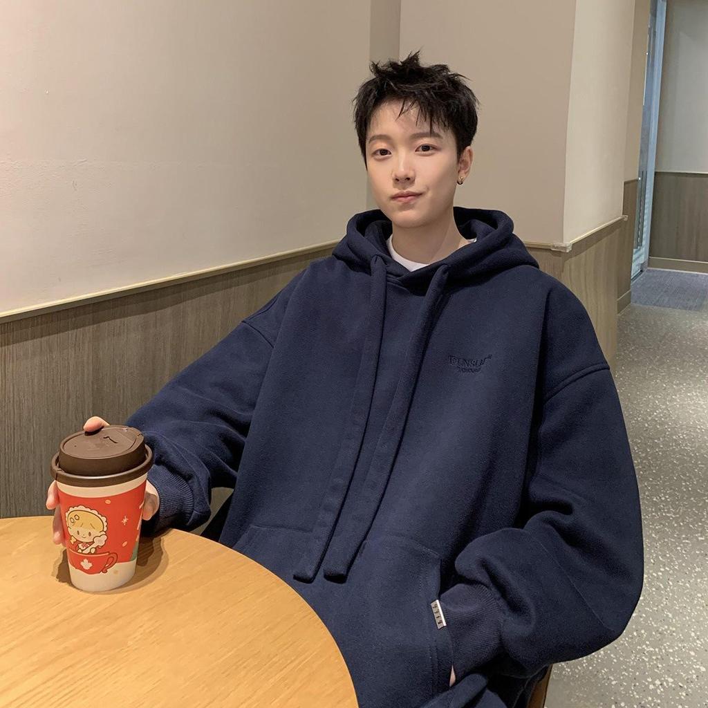 Huamian Men's Heavyweight Hooded Sweatshirt - New Autumn/Winter, Velvet Lined, Trendy American Style, Loose Fit