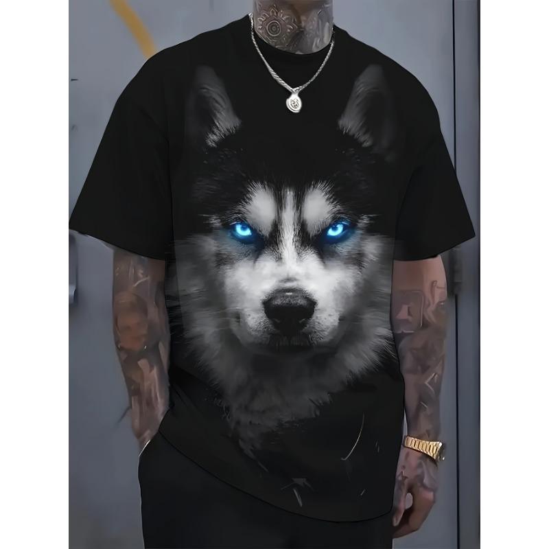 Men's Husky Wolf 3D Printed T-Shirt Casual Short Sleeve Crewneck Top Cool Glowing Blue Eyes Animal Head Graphic Tee Trendy Summer Streetwear Clothes
