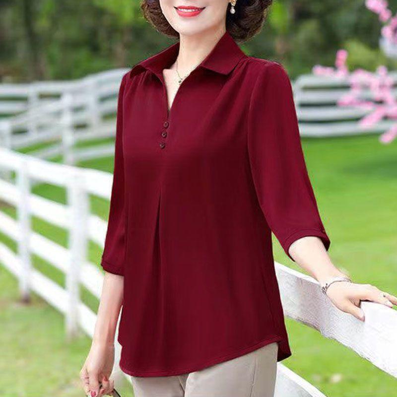 Summer Fashion Polo-neck Solid Color Shirt Ladies Half Sleeve Loose Casual Top Women Elegant Blouse