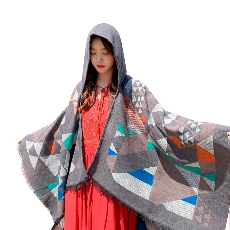 21 Style Big Pendulum Cloak With Hat Arabic Poncho Women Leopard Pocket Shawl Cape Knitted Middle East Split Thick Warm Blanket
