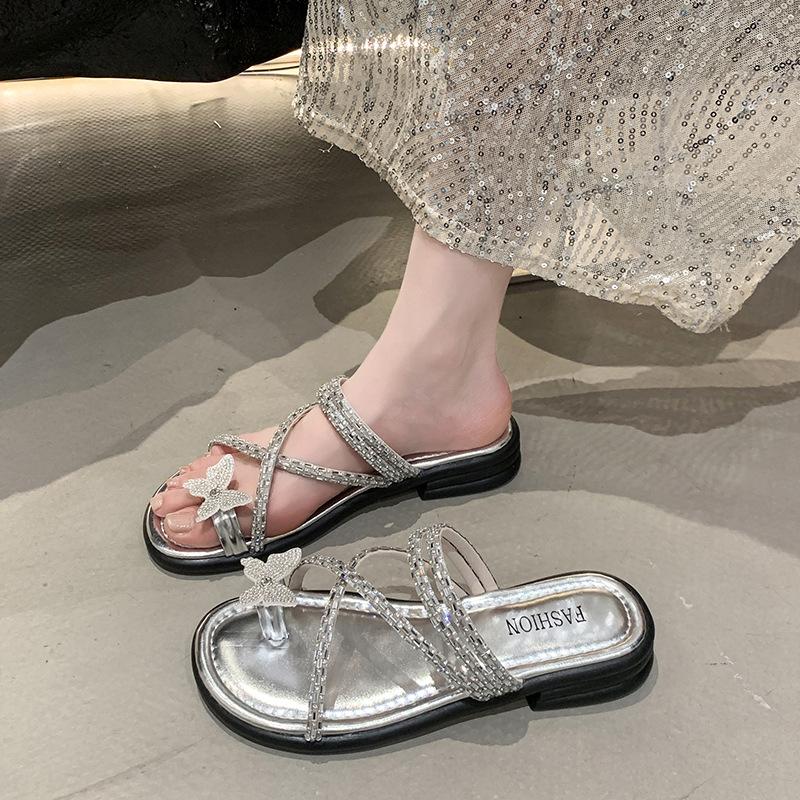 Fashion Shiny Rhinestone Butterfly Slides Women, Black Cross - Strap Sandals, Casual Daily Fashion Footwear