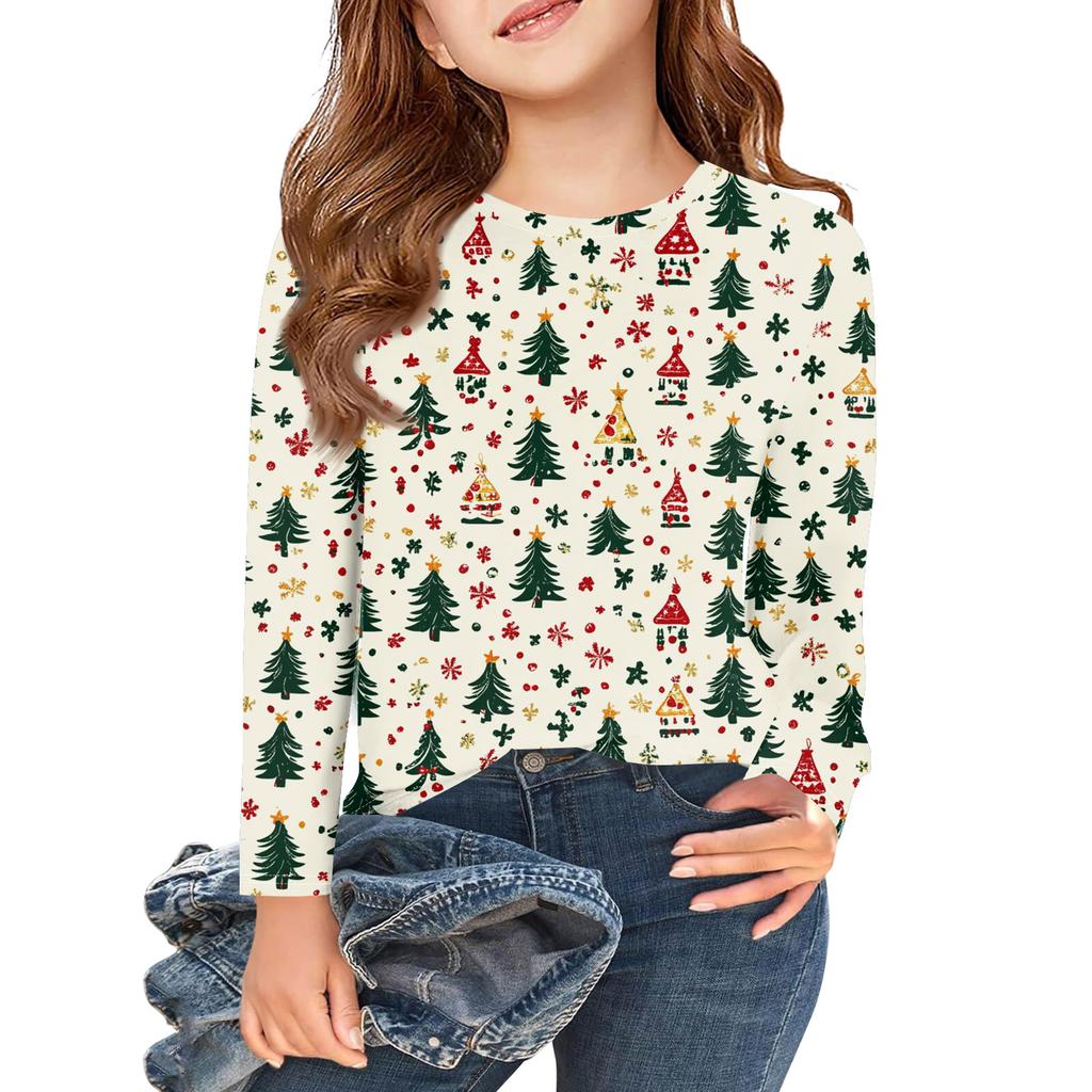 Christmas Day Girls Long Sleeve T Shirts Kids Fall Tops Crewneck Printed Basic Tees