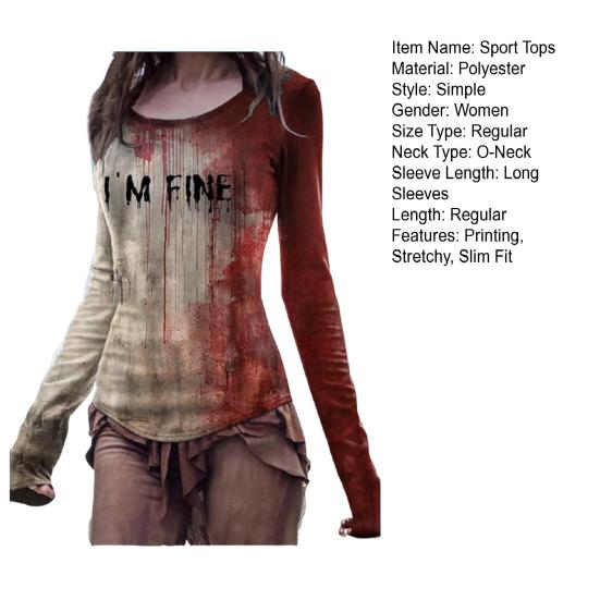 Женская футболка на Хэллоуин с круглым вырезом и длинным рукавом, рубашка ужасов с принтом крови, толстовка на Хэллоуин, легкие облегающие спортивные топы