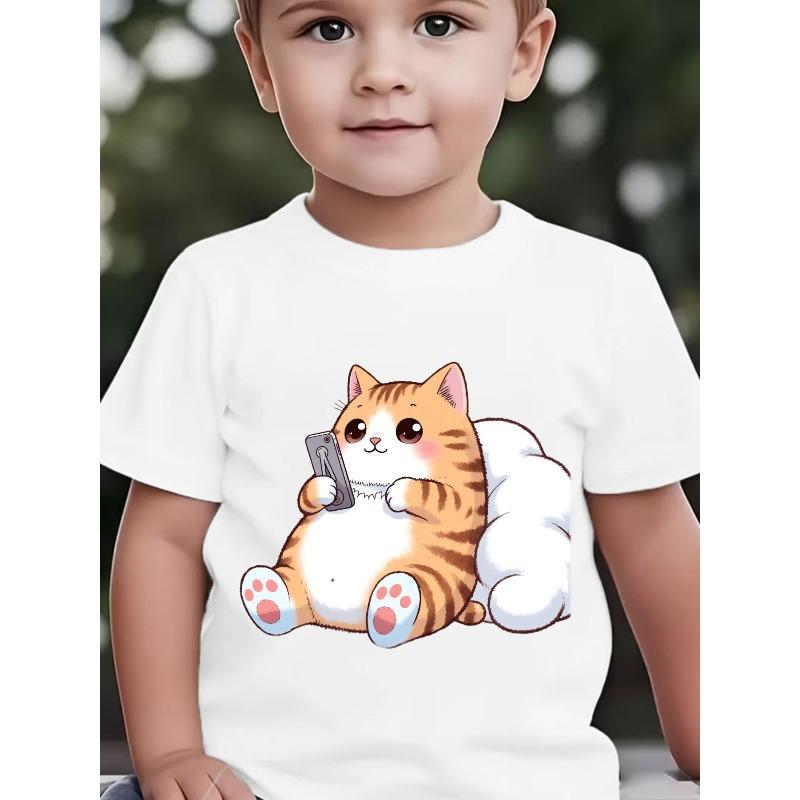 Baby Boy Short Sleeve Cute Chubby Orange White Cartoon Cat Holding Phone Childlike Print Top