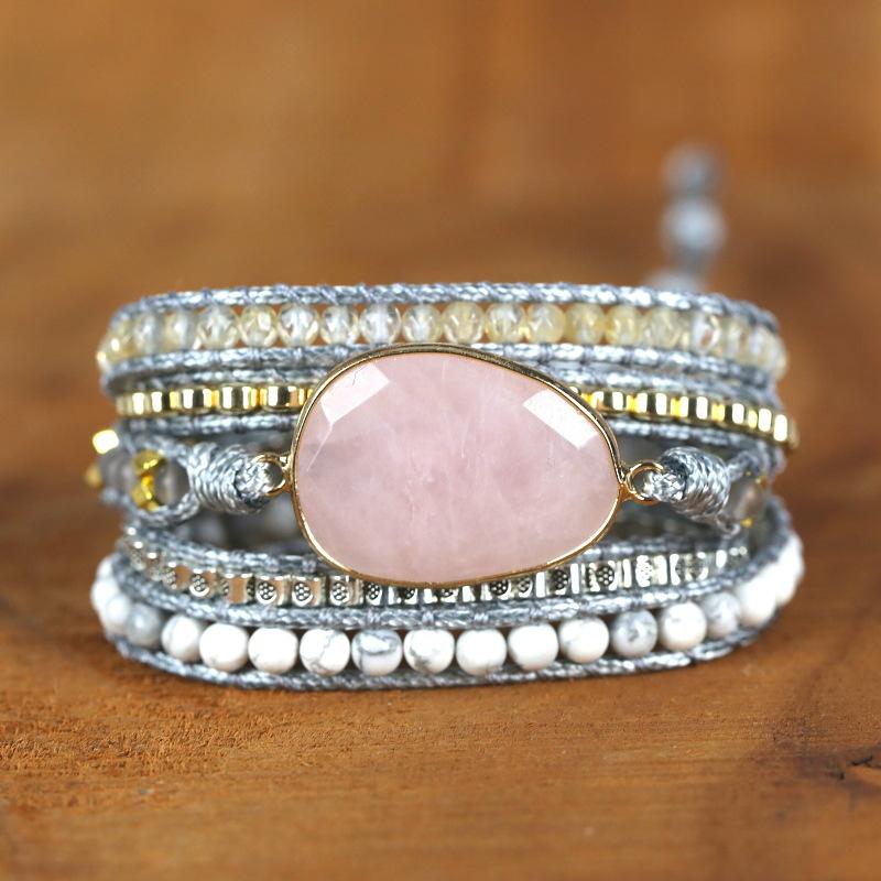 Life Layer Bracelet Multi Tree Wire Wraped Natural Pink Crystal Bracelet Womens 6mm Natural Stone Bead Mahogany Grain Stone Bracelet