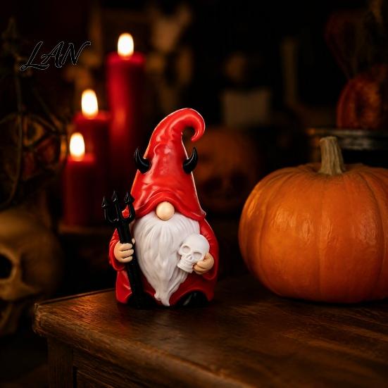 Spooky Garden Statues for Outdoor Halloween Devil Gnome Statue, 3D Printed Red Hat Figurine, Gothic Handmade Crafts Dwarf Tabletop Ornament