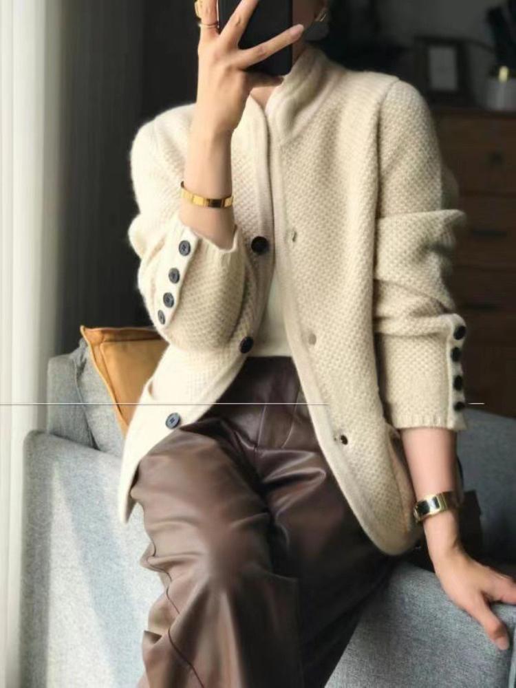 Autumn Winter New Thickened Wool Cardigan Women Vintage Stand Neck Sweater Loose Knit Base Fashion Design Sweater Jacket Streetwear