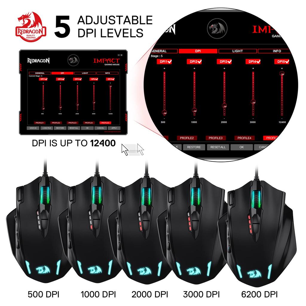 Redragon M908 Impact RGB LED MMO Gaming 12-сторонняя оптическая проводная эргономичная игровая мышь с 20 программируемыми макросами и удобным захватом, кнопками,