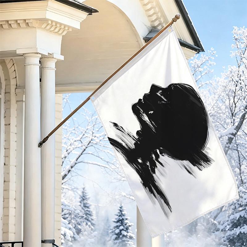 2D Flat, 1pc 2D Flat Decorative Flag, Black Abstract Side Profile Silhouette Art Pattern Flag, Minimalist Ink Wash Style Skull Silhouette Hanging Flag