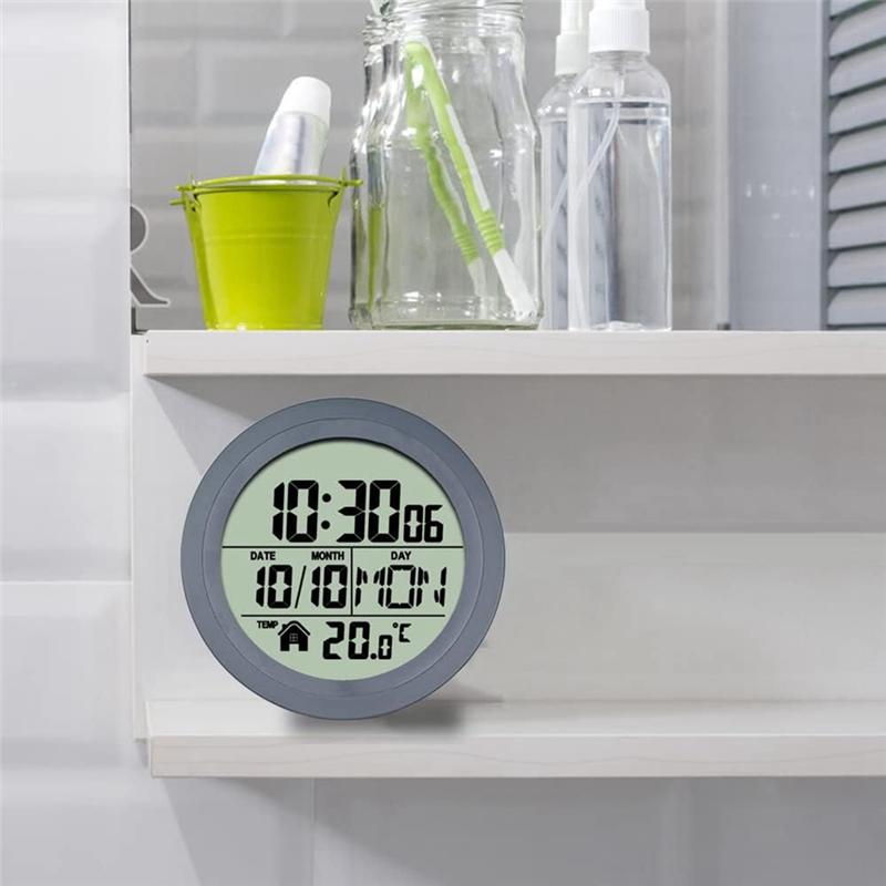Waterproof Digital Shower Clock with Temperature Grey Suction Cup Bathroom Timer, No Punching LCD Wall Mounted Clock for Kitchen