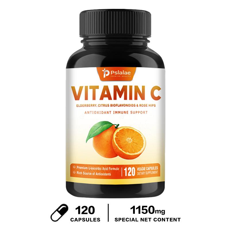 All-natural Vitamin C capsules with rosehip and elderberry extract; supports immune health; suitable for adults.