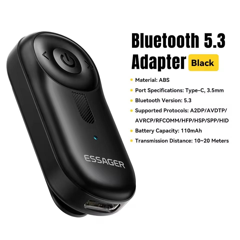 Essager Адаптер Bluetooth 5.3 с разъемами AUX 3,5 мм для аудиоприемника, автомобильных динамиков, гарнитуры, планшета, ноутбука, автомобильного приемника Bluetooth