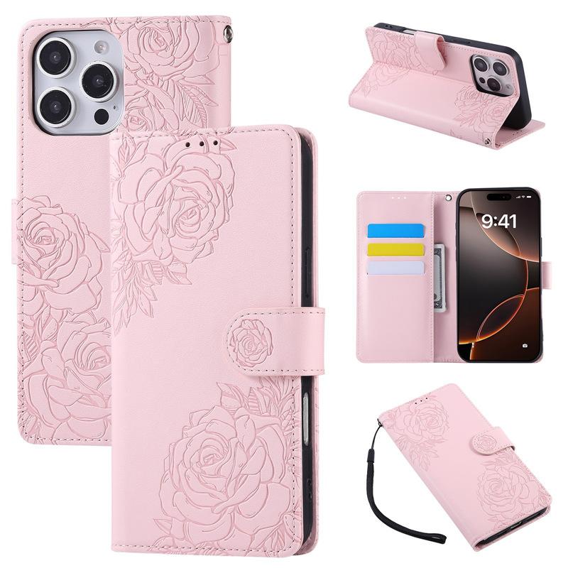 Suitable for Apple 17 Pro Max rose flower phone case, iPhone 16 embossed three-card flip cover, 15 protective case