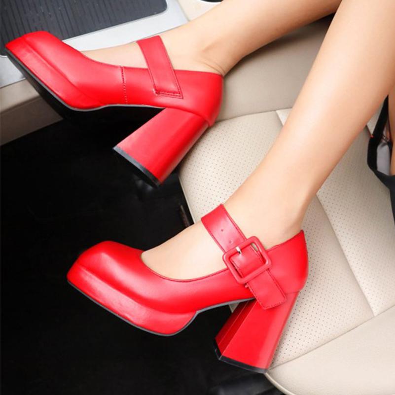 Женские туфли-лодочки из искусственной кожи на толстом высоком каблуке с квадратным носком, лаконичные вечерние туфли Мэри Джейн на весну и осень, черные, белые, красные туфли на платформе