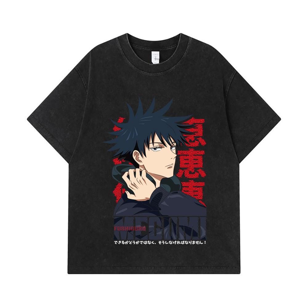 275 GSM Washed T-shirts 100% Cotton Jujutsu Kaisen V38 Megumi Print Unisex Heavy Cotton T Shirt
