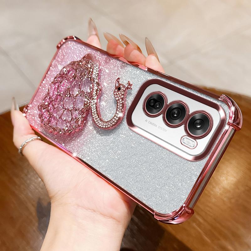 KEYSION Shockproof Plating Phone Case for OPPO Reno12 Pro 5G Clear TPU Glitter Jewelled Swan kickstand Back Cover for OPPO Reno12 5G