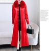 Осенне-зимнее теплое утолщенное лисье меховое женское длинное кожаное пальто-ветровка красного, черного цвета, тонкое модное пальто