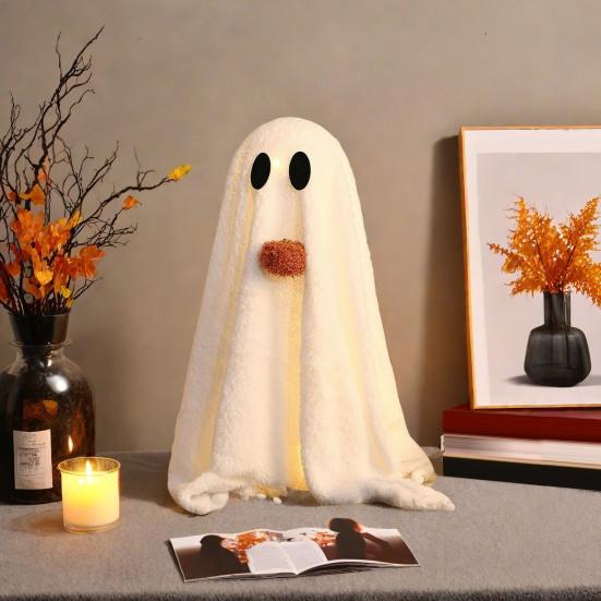 Light-Up Sherpa Ghosts with Pumpkin Cute Ghost Tabletop Decoration