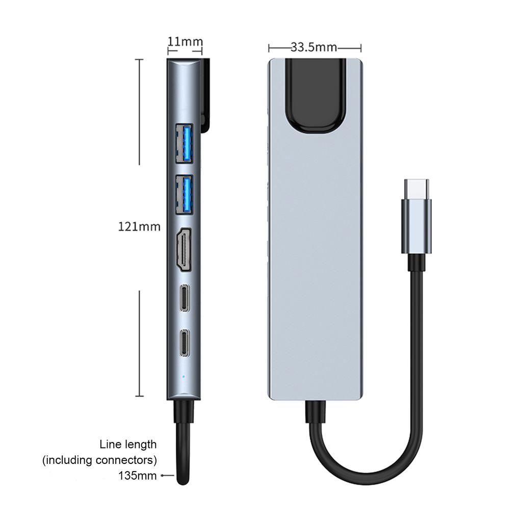 Адаптер-хаб 6 в 1 TYPE-C на HDMI+USB3.0+2.0+RJ45 100M+PD+Интерфейс передачи данных