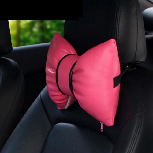 Classic Bowknot PU Leather Car Neck Pillow Waist Support Pillows Auto Seat Headrest Cover Car Accessories for Women Girls