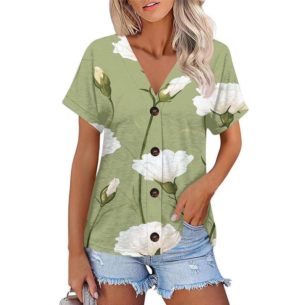 Женская мода с короткими рукавами и V-образным вырезом, повседневная футболка с пуговицами