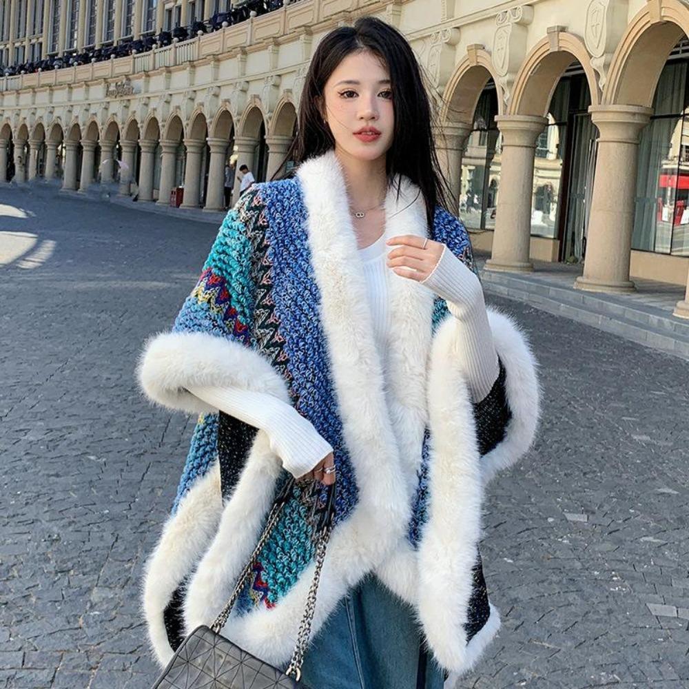 Этнический стиль большой меховой воротник шаль с женской дорожной одеждой осень и зима теплая вязаная куртка накидка шаль прилив