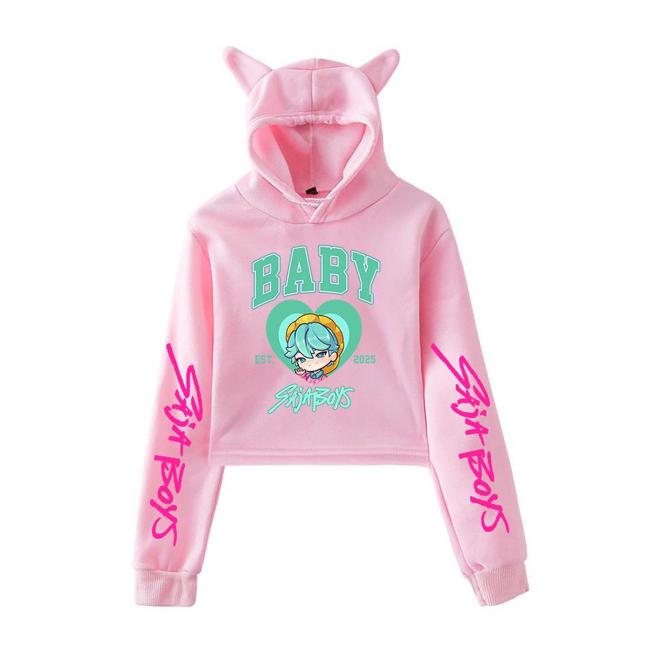 K-pop Охотники на демонов Саджа Мальчики Толстовка с капюшоном Женская с кошачьими ушками Длинный рукав Укороченные топы Модная толстовка для девочек Подарок для фанатов Женская одежда