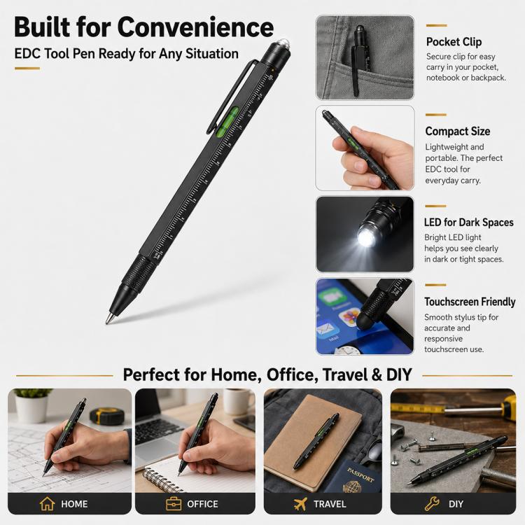 Multifunctional Metal Ballpoint Tool Pen Gift Set with Light, Bottle Opener, Stylus, and Ruler