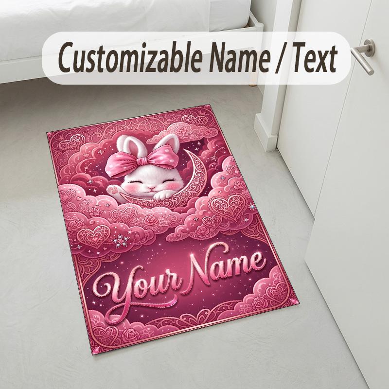 Easter Bunny Theme Crystal Velvet Rug Personalized Custom Name Text Soft Floor Mat Home Decor