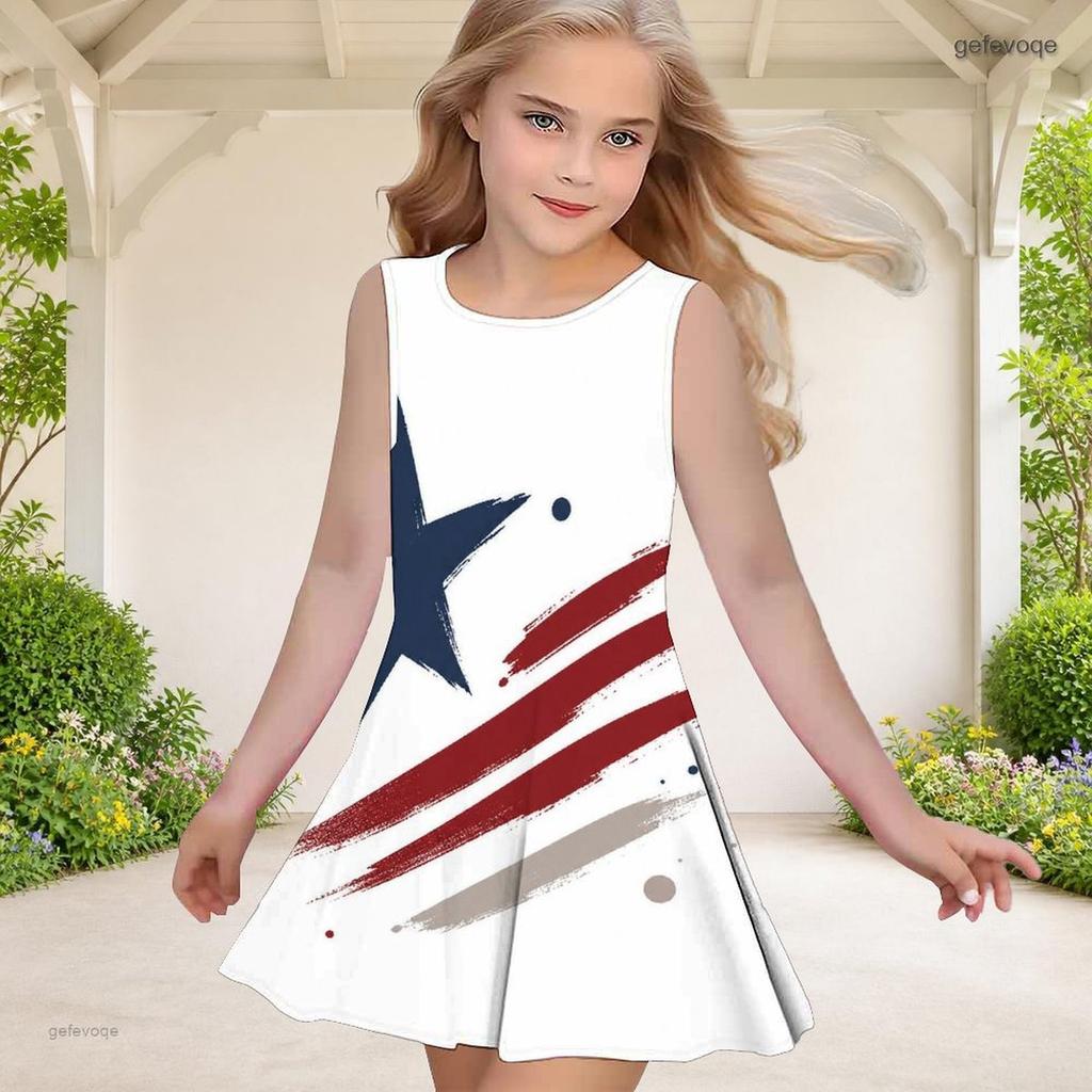 Girls White Round Neck Sleeveless Printed A Line Flared Dress Eagle Star Stripe Design
