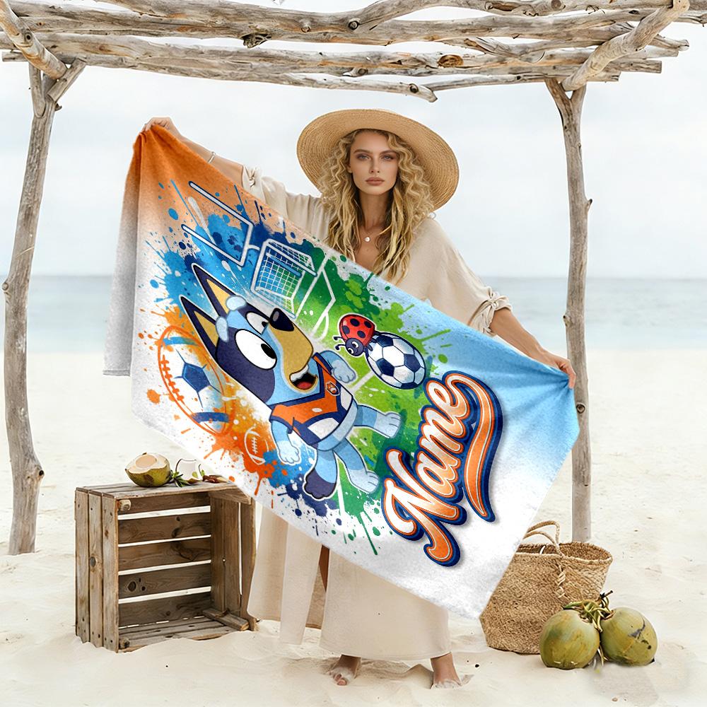 Bluey Soccer Fun Personalized Text Beach Towel Quick-Dry Soft Microfiber Suitable for Sports Travel Swimming Yoga Bathroom Beach And Pool