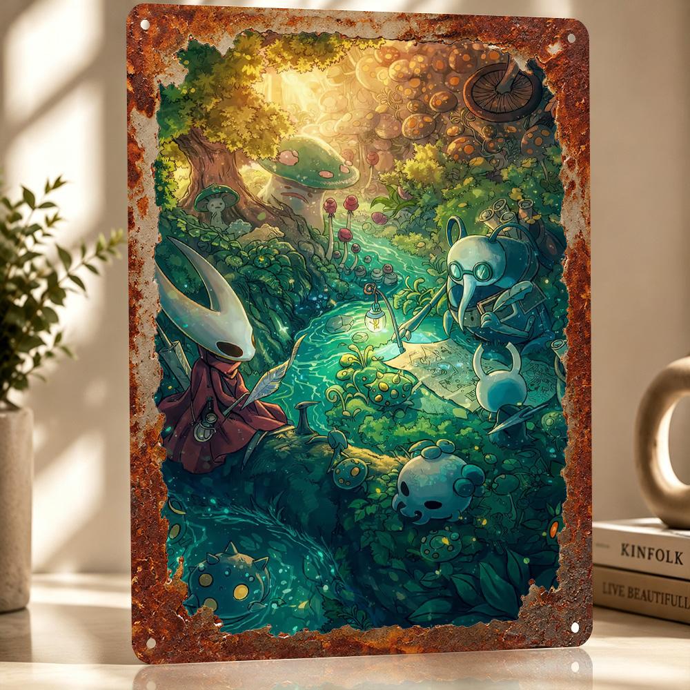 Персонажи Hollow Knight у лесного ручья Персонализированный Металлический Плакат D Текстуры Настенное Искусство Жестяная Вывеска для Декора Стен Деко Деко Жесть