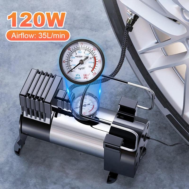 12V Car Tire Pump Cylinder Power System Mini Air Compressor Auto Inflatable Pump Heavy Duty Deluxe Portable Metal Air Compressor