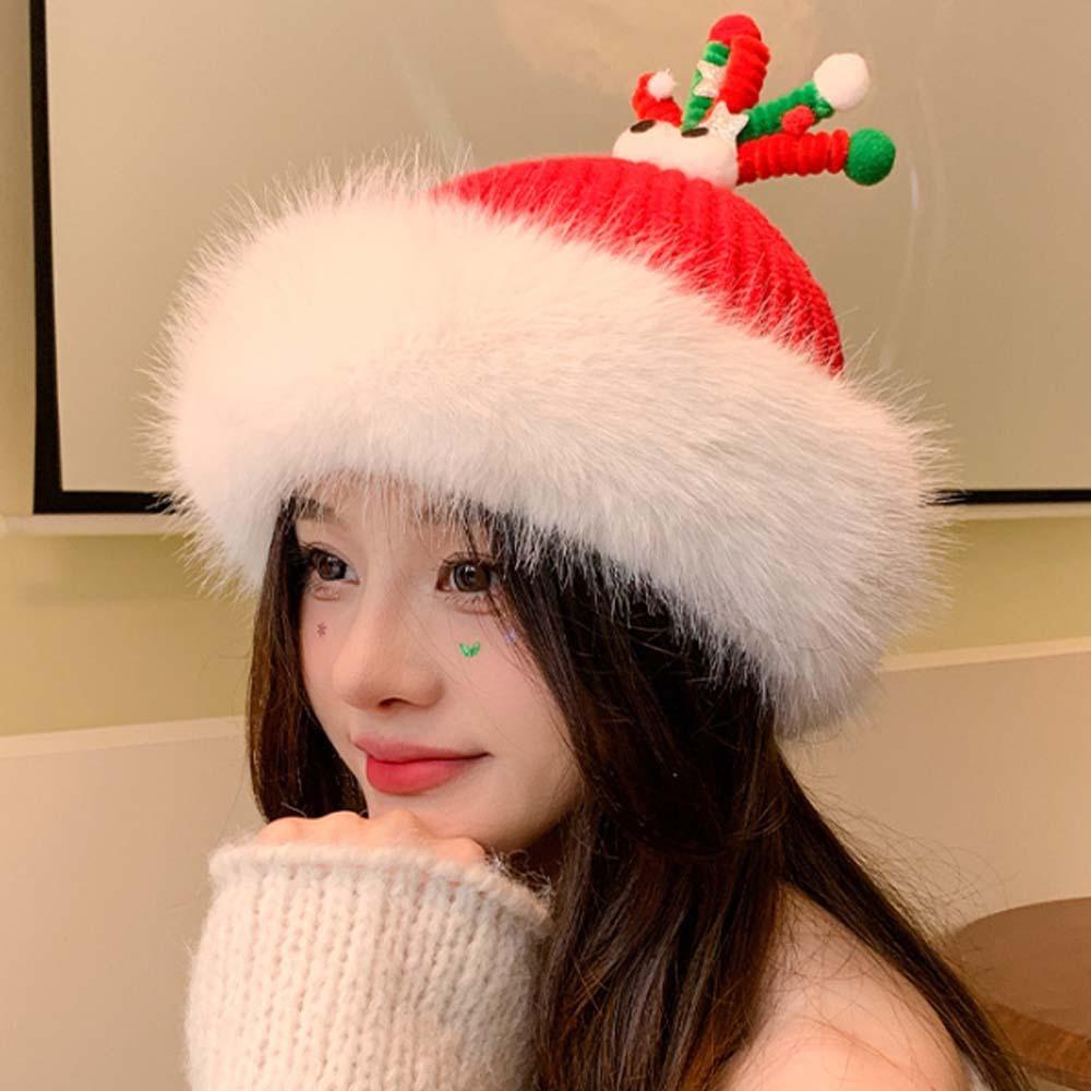 Soft Christmas Plush Cap Windproof Thickened Brimless Cap Versatile Red Knitted Woolen Hat Outdoor