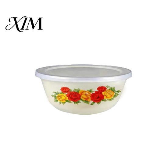 Salad Bowls Clear Pattern Enamel Bowl with Lid Nostalgic Rice Basin Chinese Style for Dinner