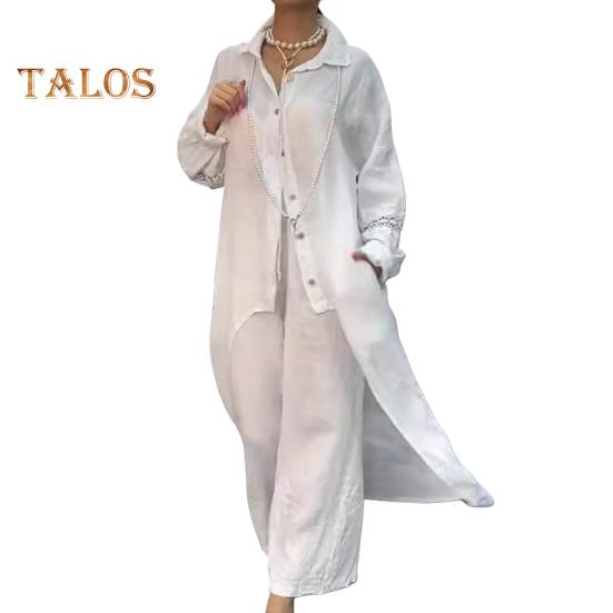 2 Pcs/Set Fall Spring Women Shirt Pants Set Long Sleeves Lapel Lace Cuff Button-down Irregular Hem Blouse Elastic Waist Trousers OL Commuting Sport