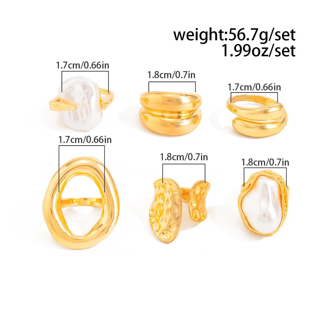Ingemark 6Pcs/Set Boho Imitation Pearls Metal Ring Women Trendy Punk Irregular Geometry Hollow Wide Knuckle Ring Set New Jewelry
