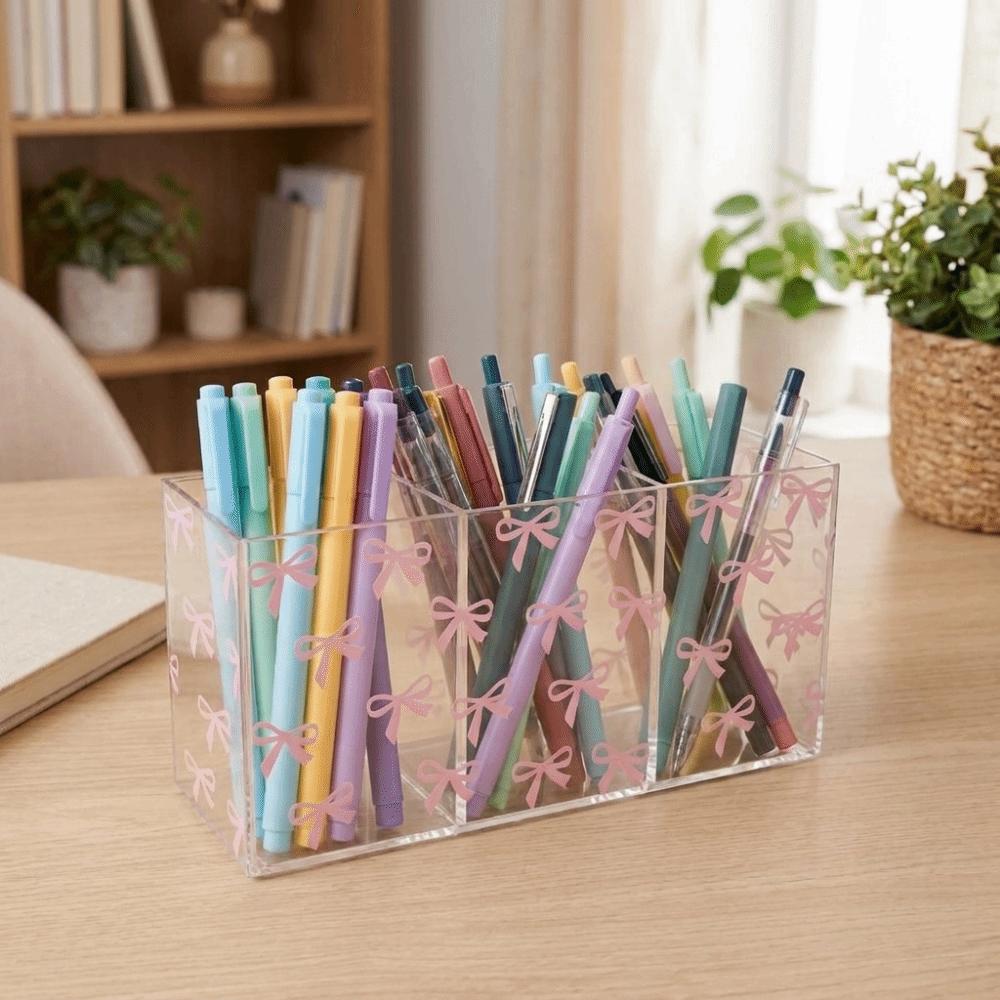 Transparent Makeup Brush Holder 3 Grids Stationery Storage Box Pen Display Case  for Living Room