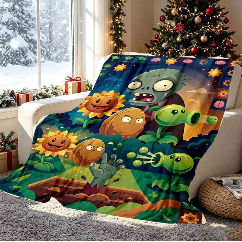 Plants vs. Zombies Pattern Blanket for Home Decoration, Bed, Sofa, Car Travel, Camping, Suitable for All Seasons, Birthday Christmas Gift