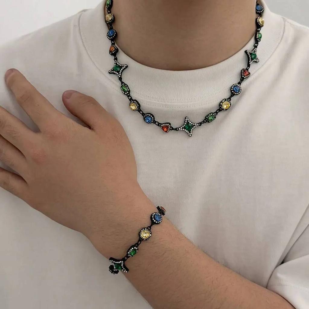 SHIXIN Boho Exquisite Luxury Colorful Crystal Chain Necklace Bracelet Men New Trendy Creative Adjustable Link Couple Jewelry Set
