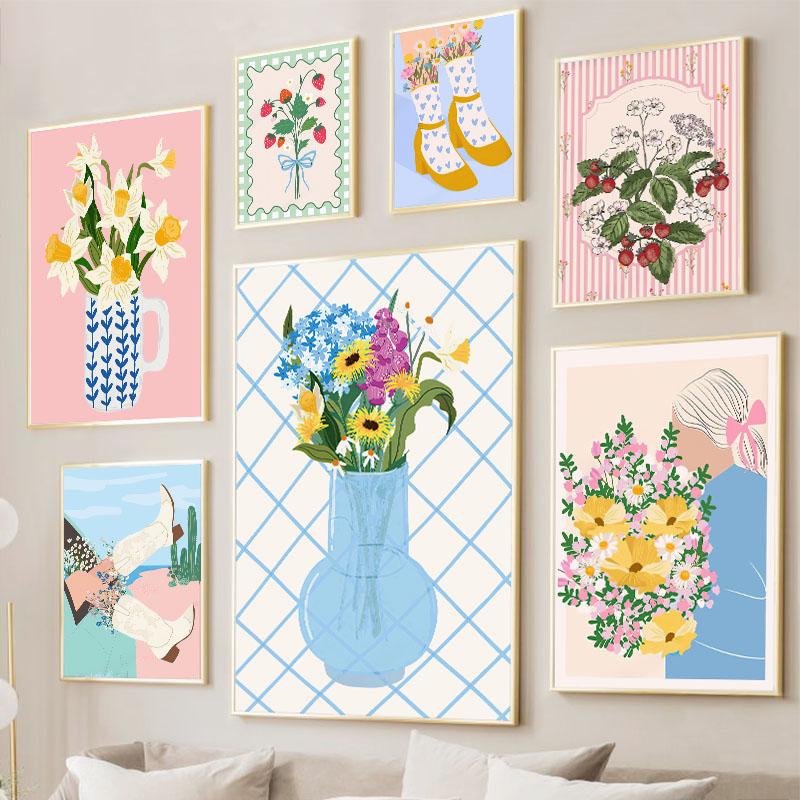 Ретро Цветы Фруктовая Ваза Галерея Красочный Фанки Постеры и Принты Простой Настенный Арт Холст Картина Картинки Для Декора Гостиной