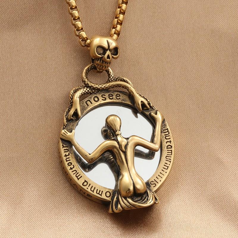 Stainless Steel Skull Mirror Pendant Necklace Men Women Vintage Punk Geometric Charm Jewelry Gift