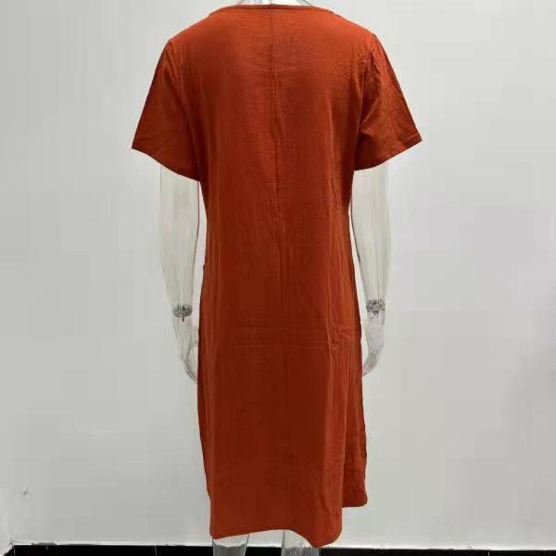 Summer Casual Women's High Waist Dress Short Sleeve Dresses for Female Solid Color Dress Round Necked Dress Loose Dress With Pocket Commuter Dresses