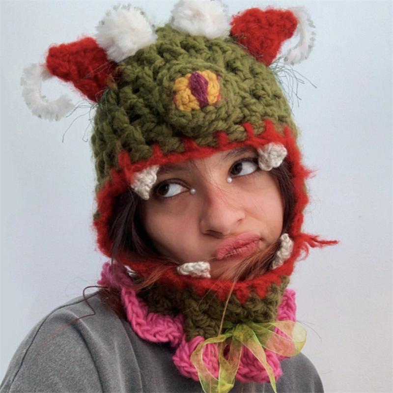 New Handmade Crocheted Striped Mixed Color Cat Ear Hat, Fashionable and Personalized Adult Hat