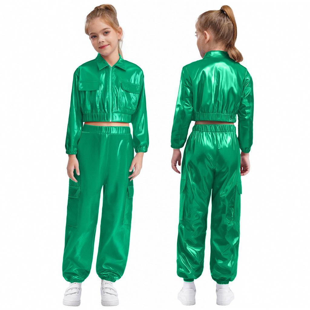 Детский танцевальный костюм для хип-хопа унисекс, куртка цвета металлик с длинными рукавами, отложным воротником и блестящими брюками