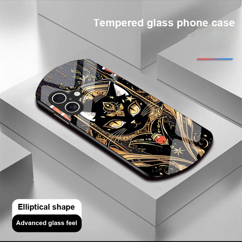 Черный Золотой Кот для Apple iPhone 16 11 13 15 14 Pro Max 12 Mini 7 8 Plus XR X XS Чехол для телефона из закаленного стекла эллиптической формы
